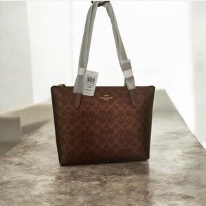 Coach Signature Brown Tote with Gray Handles